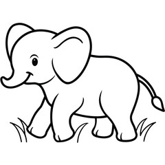 Cute baby elephant walking through grass outline design