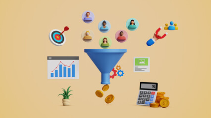 Lead generation. CRO, conversion rate optimization concept. customer retention. Inbound marketing strategy. Audience outreach. 3D marketing funnel with lead generation icons