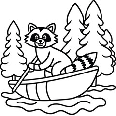 Cute raccoon paddling canoe down a stream banner advertisement