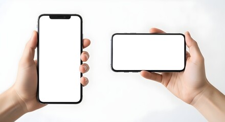 Showcase your app with two phones held in hand, portrait and landscape orientation, white background