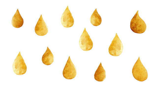 Watercolor a collection of golden water drops scattered across a transparent background