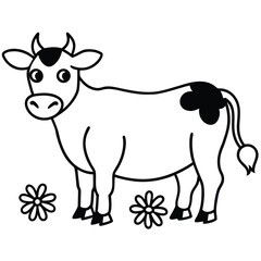 Gentle cow in grassy meadow with daisies banner