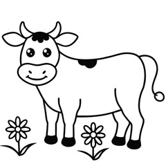 Gentle cow in grassy meadow with daisies banner