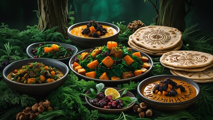 Enchanted Forest Feast: A Lush Display of Earthy Dishes and Wholesome Cuisine

