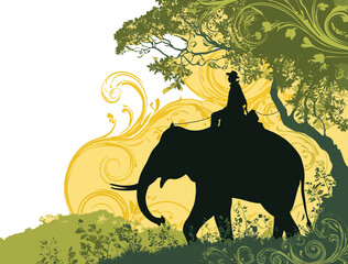 Silhouette of a man riding an elephant under a tree with decorative swirls in the background art