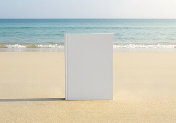 Blank Book Mockup on Sandy Beach Near Ocean Waves, Seaside Scene, Summer Reading, Book Cover Template.