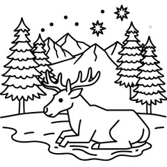 Peaceful moose resting by lake with pine trees