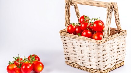 Fresh red tomatoes in a woven basket with green stems, placed on a light background, showcasing vibrant colors and natural textures for culinary and gardening themes