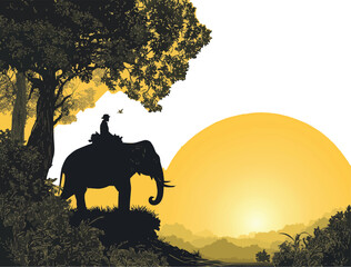 Silhouette of a person riding an elephant under a tree against a yellow sunset background art