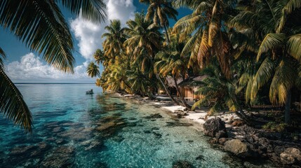 Tropical island shoreline with palm trees and turquoise water