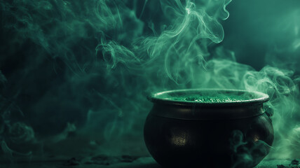 Witch cauldron bubbling smoke, bubbling cauldron with swirling smoke, dim moody light, magical fantasy photo