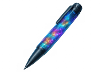 Sleek metallic pen displaying luminous nebula pattern, symbolizing creative energy against transparent backdrop