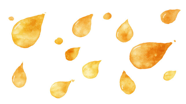 Watercolor golden amber watercolor droplets scattered across a transparent background