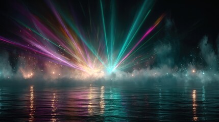 Vibrant laser beams radiate from a central point over water, reflected in the surface