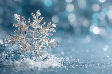 Selective focus on a blue background with white highlights frames a delicate silver snowflake, perfect for a greeting card banner with plenty of image copy space.