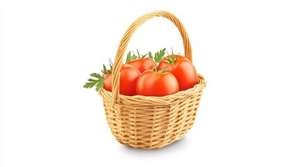 Fresh red tomatoes arranged in a woven basket with green leaves, showcasing vibrant colors and natural textures, perfect for culinary and agricultural themes