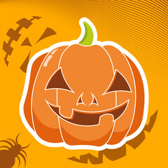 Halloween vector sticker featuring a pumpkin with a carved face on Halloween, isolated on an orange background