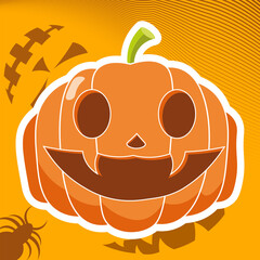 Halloween vector sticker featuring a pumpkin with a carved face on Halloween, isolated on an orange background