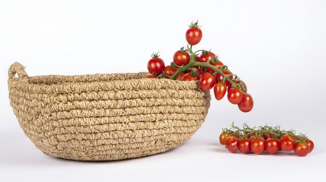 Woven basket filled with ripe cherry tomatoes, some spilling out onto a white surface, showcasing vibrant colors and natural textures in a fresh produce arrangement