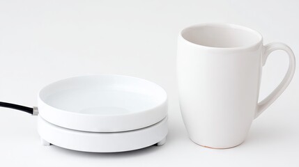 White ceramic mug placed beside a sleek electric cup warmer on a clean surface, showcasing modern kitchen technology and minimalistic design for beverage enthusiasts