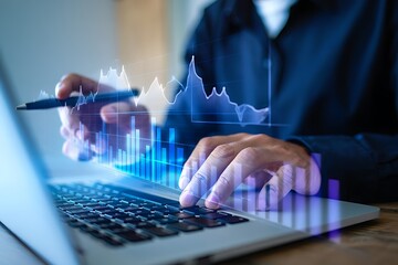 Close up of a person s hands using a laptop with a holographic financial graph overlay symbolizing data analysis and digital business growth