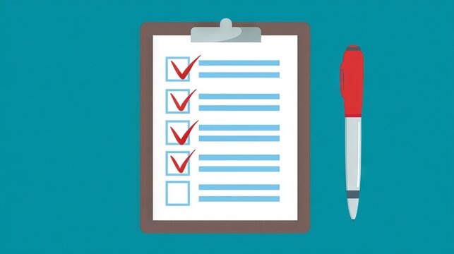 Checklist on clipboard with red checkmarks, pen beside it, against a vibrant blue background, symbolizing organization and task completion in a professional setting