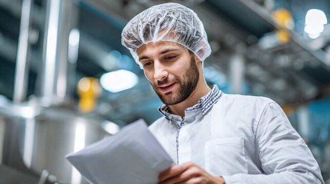 Professional checking documents in industrial setting. Man wearing hair net and lab coat examines paperwork in a clean, modern factory environment.