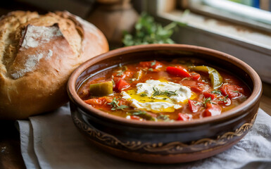 A photograph of a rustic earthenware bowl filled with "Fërgesë" - a vibrant Albanian stew