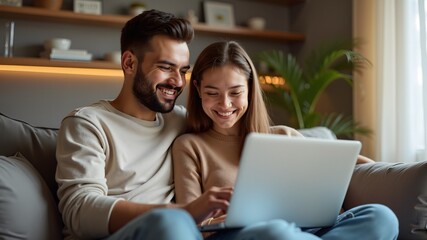 Couple shopping online with a credit card in the comfort of their home
