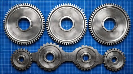 Obraz premium Metallic gears arranged on a blueprint background, showcasing intricate designs and textures, representing mechanical engineering and precision craftsmanship in industrial applications