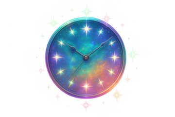 Colorful clock with a cosmic nebula background and shining stars represents the concept of interstellar time