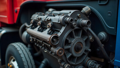 Fototapeta premium disassembled truck engine in repair service. Heavy machinery, diesel motor vehicle part close-up. Red truck blurred background. Maintenance, repair, created with generative ai