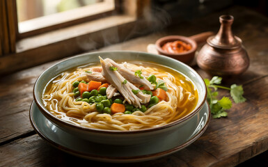 A photograph of a steaming bowl of Rechta, a traditional Algerian National Cuisine, presented on a rustic wooden table. The dish features delicate, hand-rolled thin noodles immersed in a rich, golden 