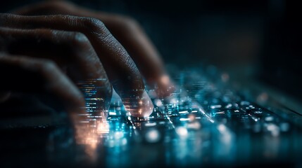 extreme macro shot of hands typing on a glowing holographic code interface, individual keys reflecting in fingertips, cool industrial tones, conceptual tech art 