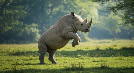 Fototapeta premium Rhino displays its imposing physique amidst a serene green landscape setting with lush trees