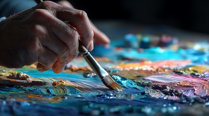 artist’s hands brushing vibrant paint onto canvas, thick impasto strokes visible, rich color contrasts, spotlight illumination, fine art macro composition 