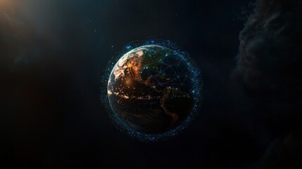 Earth at night, glowing with city lights, seen from space, dark cosmic background.