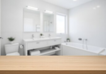 Fototapeta premium Modern Bathroom Interior with Wooden Table, Sink, Bathtub, Toilet, Mirror, Clean White Design.