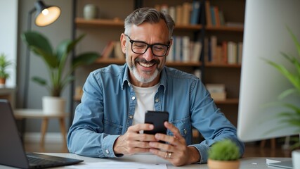 Cheerful mature man using his smartphone in his home office
