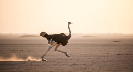 Dynamic ostrich running across desert landscape at sunset, evoking a sense of freedom, adventure, and the wild, perfect for travel, nature, and wildlife projects