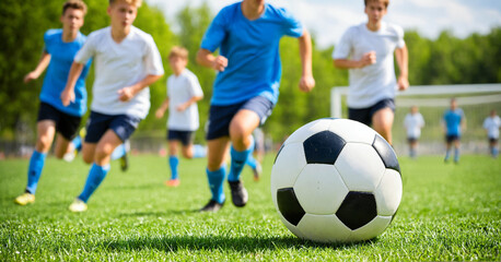a soccer ball resting on the grass with a team of teenage boys running on the field