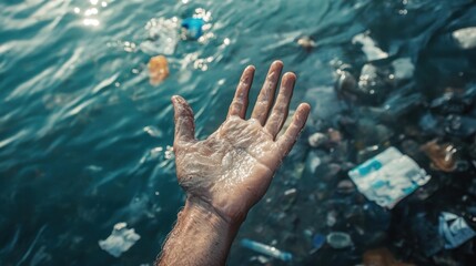 A hand reaches out from the water, surrounded by floating plastic waste and debris, highlighting pollution.
