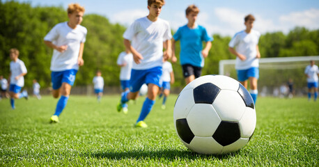 a soccer ball resting on the grass with a team of teenage boys running on the field