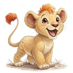 A smiling lion cub with a soft golden coat and a tiny tuft of orange fur for a mane. Its round, expressive eyes are filled with joy, and its small paws are slightly lifted in an excited stance