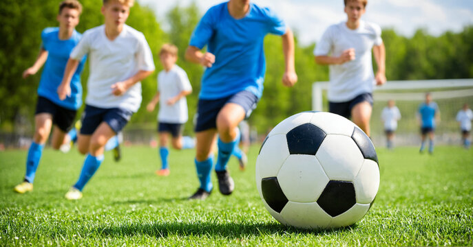 a soccer ball resting on the grass with a team of teenage boys running on the field