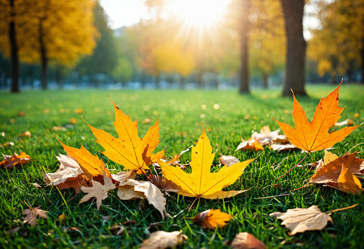 autumn leaves on green grass with sunburst