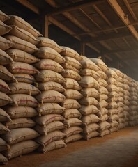 Storage facility displays large stacks of burlap sacks filled with grain