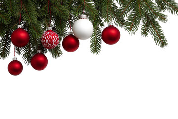 Christmas tree branches with red and white ornaments on an isolated background, top view, with white space for text.