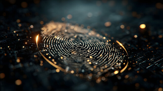 Digital fingerprint scanner, scan biometric identity and access password thru fingerprint, concept of cybersecurity and data protection, security system, generative ai illustration