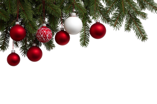 Christmas tree branches with red and white ornaments on an isolated background, top view, with white space for text. 